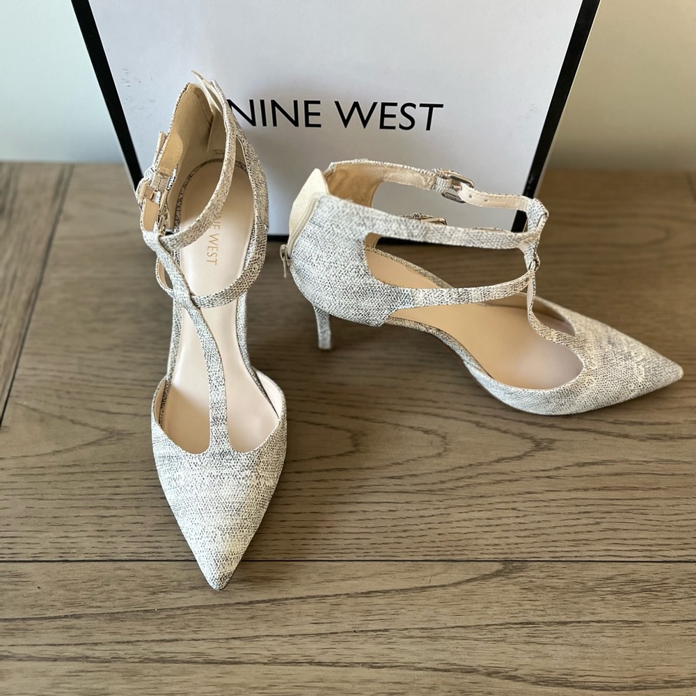 Nine West Cream Textured T-Strap Pointed Toe Heels